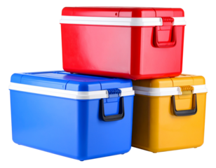 Stacked Camping Coolers, Slightly Tilted Perspective, Isolated on Transparent Background