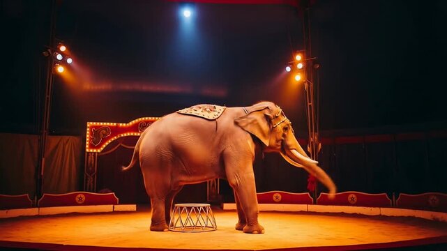 Majestic Asian Elephant Performing in a Classic Circus Setting Dramatic Lighting  Vintage Tent  and Captivating Atmosphere.