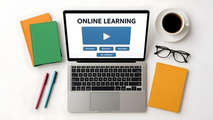 Top-Down Flat Lay of Laptop and Study Materials for E-Learning on White Background