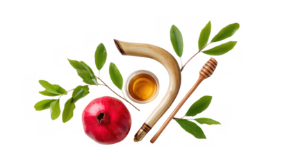 Pomegranate, honey, shofar, leaves, created with AI, PNG