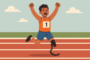 Obraz premium Flat cartoon amputee sprinter celebrating with arms raised vector illustration