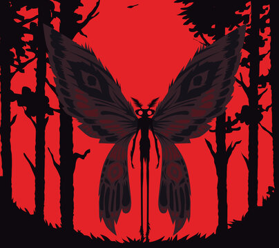 spooky creepy mothman in red forest