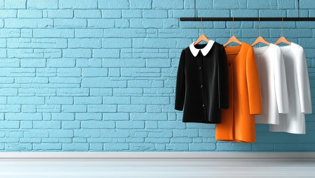 Clothes hang on rod against light blue brick wall