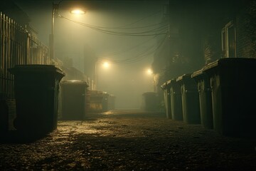 Foggy alleyway at night, lined with bins