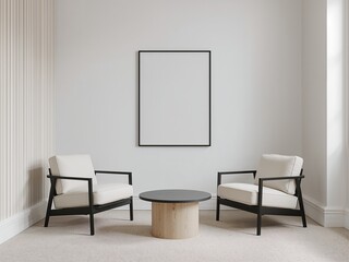 A pair of modern armchairs with a round coffee table in a minimalist room. A blank picture frame hangs on the wall.