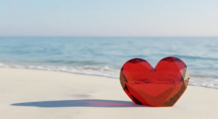 Fototapeta premium A red crystal heart sitting on a white sand beach with the ocean and sky in the background on a sunny day