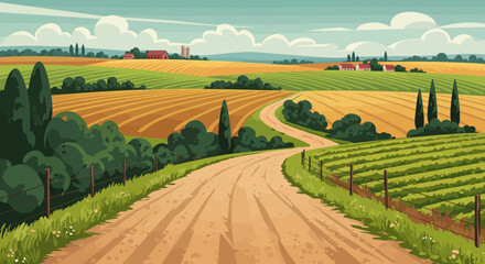 Fototapeta premium A winding dirt road traverses a rural landscape of cultivated fields