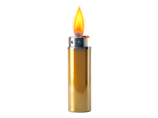 A golden lighter with a bright flame isolated on transparent background, representing fire, fuel, and the convenience of portable ignition