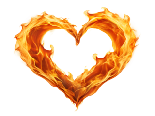 Fiery heart shape with burning flames isolated on transparent background, a symbol of love, passion, and romance with abstract and decorative design