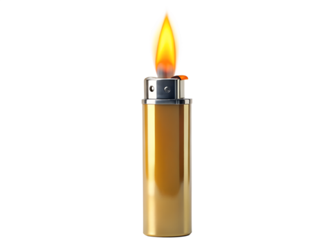 A golden lighter with a bright flame isolated on transparent background, representing fire, fuel, and the convenience of portable ignition