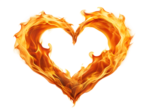 Fiery heart shape with burning flames isolated on transparent background, a symbol of love, passion, and romance with abstract and decorative design