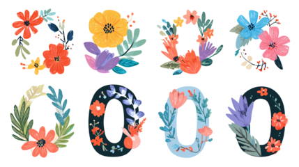 Zero floral number design, flower wreaths and bouquets pattern