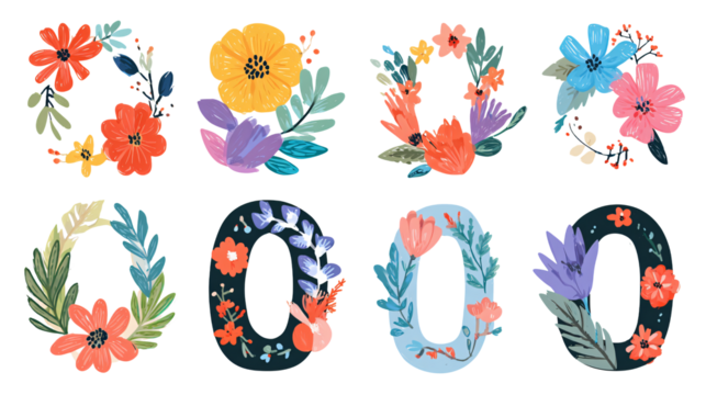 Zero floral number design, flower wreaths and bouquets pattern