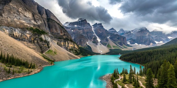 Aerial view of alpine lake with rugged peaks and turquoise waters