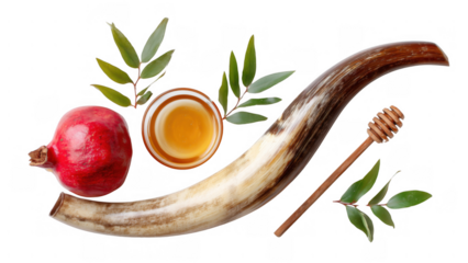 Pomegranate, honey, horn with leaves, created with AI, PNG