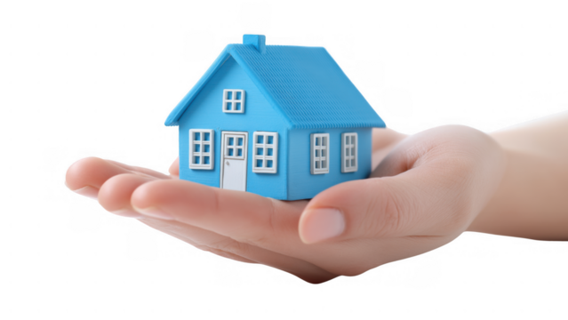 Hand with a small blue house model, created with AI, PNG
