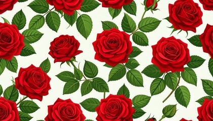 Seamless pattern of vibrant red roses on a white background.  Detailed floral design