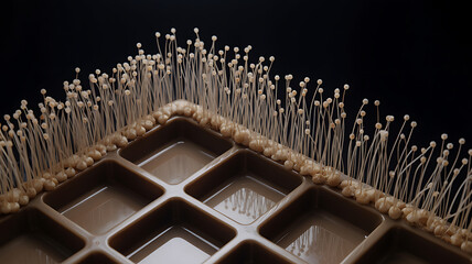 Naklejka premium Intricate macro view of delicate white flower buds emerging from a grid structure
