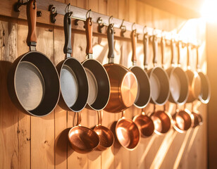 Sunlit Kitchen Copper & Cast Iron Cookware Hanging on Rustic Wood Wall