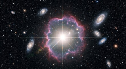 Obraz premium Cosmic Symphony: A Bright Star Illuminates Surrounding Galaxies and Nebula in Deep Space