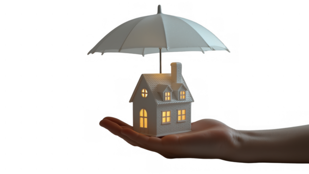 Person holds house under protective umbrella, created with AI, PNG