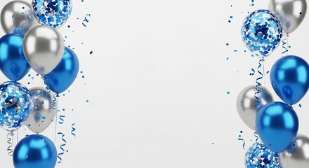Blue and silver balloons with confetti isolated on white background