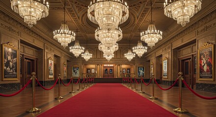 Obraz premium Opulent Theater Lobby with Red Carpet, Crystal Chandeliers, and Vintage Movie Posters