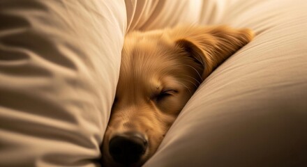 Obraz premium A Safe Haven: A close-up of a puppy burying its nose where the duvet meets the pillow, seeking the ultimate sense of security.