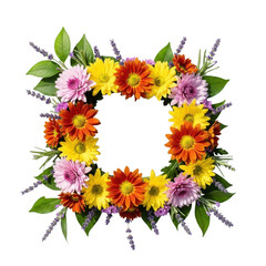 Fototapeta premium Square floral wreath with colorful daisies and lavender isolated on transparent background