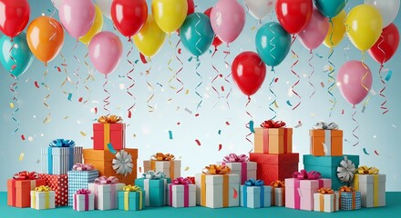 Colorful balloons and gift boxes for a festive birthday celebration event