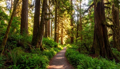 Sunlit path through a lush forest