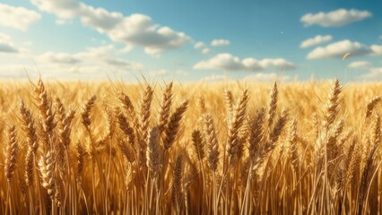 Obraz premium Golden wheat field under a partly cloudy sky (1)