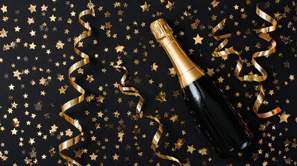 A celebratory champagne bottle, nestled amidst a backdrop of golden confetti stars and swirling ribbons, creates a festive scene