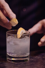 Refreshing cocktail with lemon garnish served in a glass on a bar.