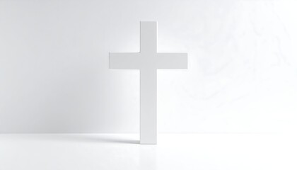 Naklejka premium Simple white cross standing on a white reflective surface against a white wall
