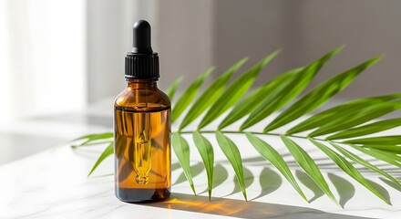 Amber glass bottle of essential oil with a dropper and palm leaf