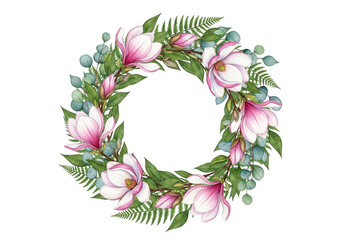 Obraz premium Pink magnolia and fern floral wreath isolated on transparent background