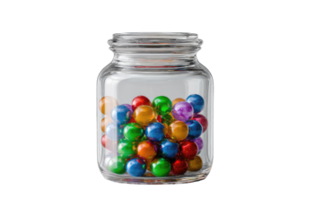 Glass jar filled with colorful, shiny marbles