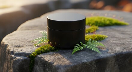 Black jar on stone with moss and ferns for beauty product advertising mockup