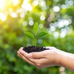 Two hands gently cradle a small seedling in dark soil against a bright, blurred green background