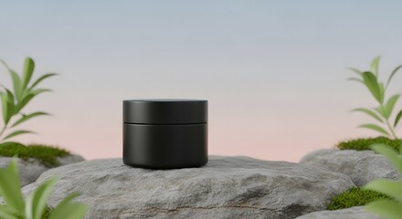 Naklejka premium Black jar on stone with plants for product display and nature aesthetic background design idea