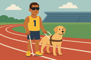 Flat cartoon athlete with guide dog on track vector illustration