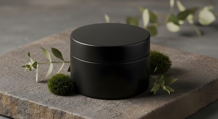 Elegant black jar on stone surface with moss and leaves for product presentation