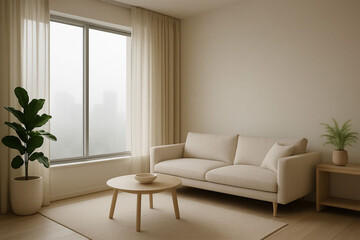 Bright modern living room with white sofa and large window