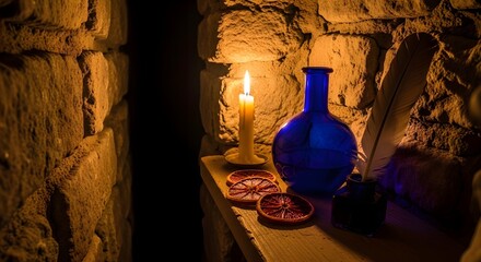 Rustic Still Life - Blue Vase, Oranges, Candlelight, Cozy Ambiance, Warm Mood, Traditional Decor, Vintage Aesthetic, Fruit Arrangement