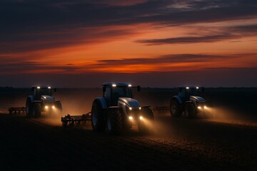 Fototapeta premium Farm Tractors Working in Field During Sunset with Dust Clouds and Dramatic Sky