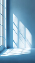 Obraz premium Window Shadows on Blue Wall and Floor, Interior Scene, Natural Light and Modern Design