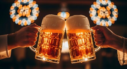 Close-up of two hands clinking beer steins filled with golden lager, warm lighting, festive bokeh background in a pub.
