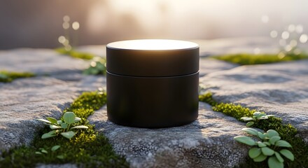 Black jar mockup on stone with moss and plants in a natural outdoor setting product shot