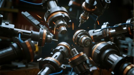 Close-up of precision machinery parts on assembly line with warm glow, showcasing advanced manufacturing technology and industrial automation process.